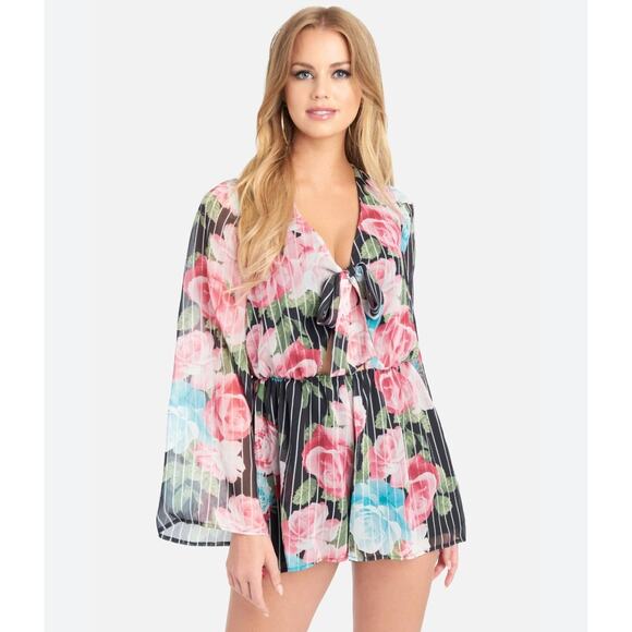 Bebe The Front Floral Ruffle Flutter Sleeve Romper Jumpsuit Blossom Roman S